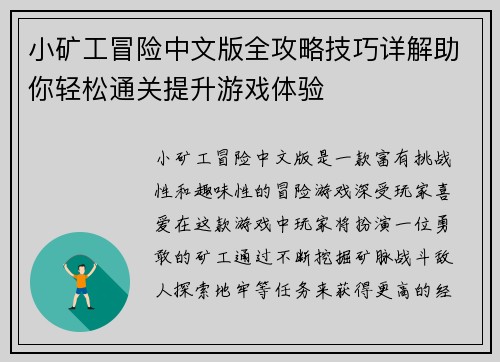 小矿工冒险中文版全攻略技巧详解助你轻松通关提升游戏体验